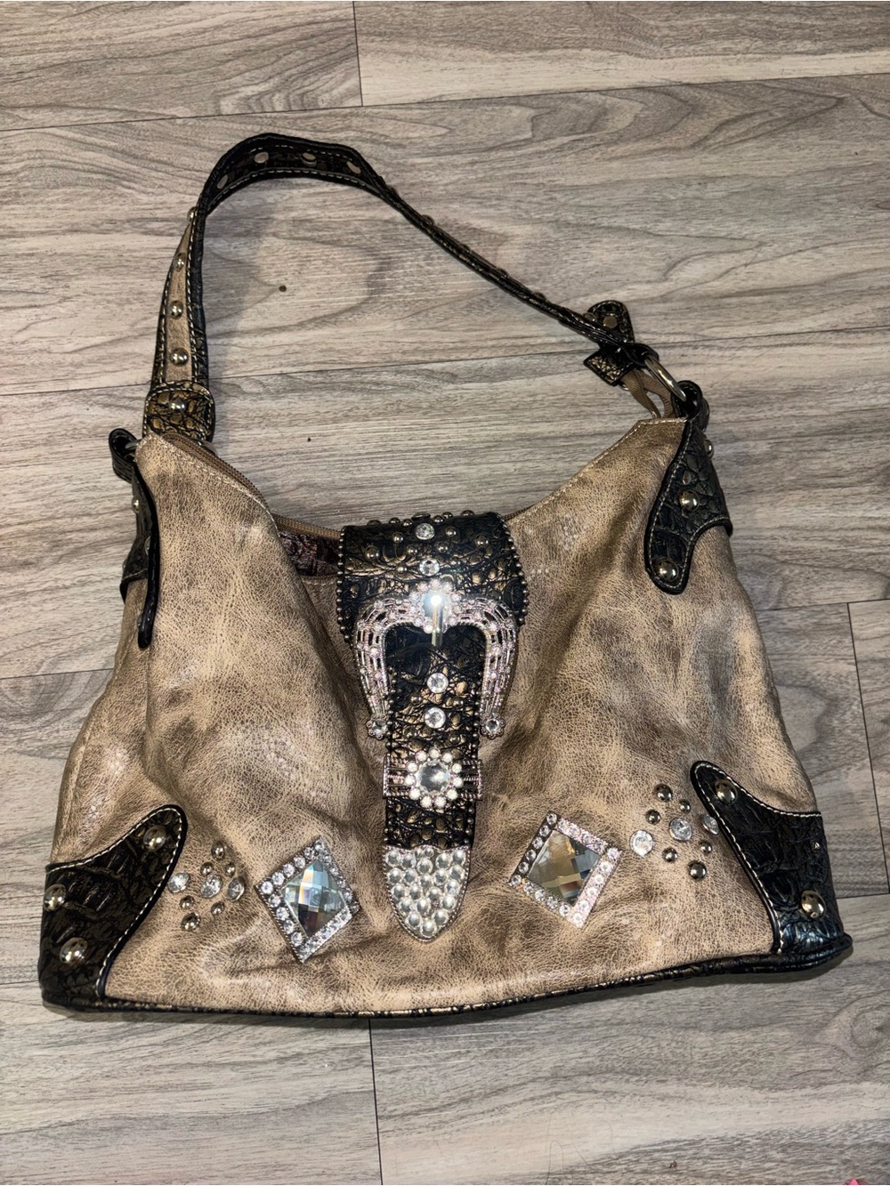 Studded Embellished Taupe Shoulder Bag